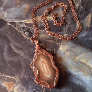 Wire Wrapped Agate Slice Crystal Stone Necklace